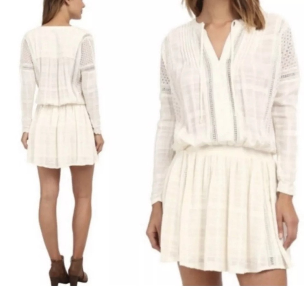 NWT FREE PEOPLE Women's White 'NOMAD' Peasant Boho Pintucked Mini Dress Xs